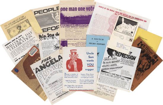 (CIVIL RIGHTS.) ANGELA DAVIS, PANTHERS, SNCC, SCLC, WATTS RIOTS, DICK GREGORY, ATTICA ET AL. A group of 30 broadsides, flyers, papers,